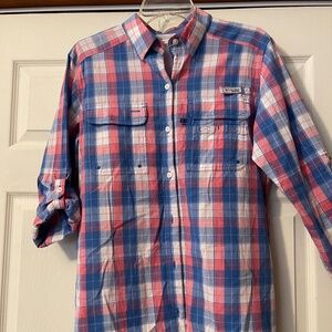 Columbia PFG women’s M long sleeve pink blue plaid shirt